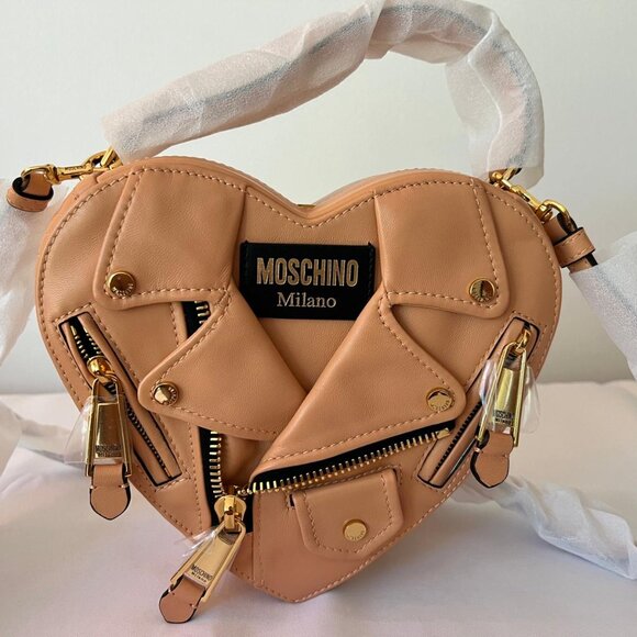 SS22 MOSCHINO Couture Jeremy Scott Peach Heart Shaped Leather Biker Jacket Bag - Picture 2 of 14